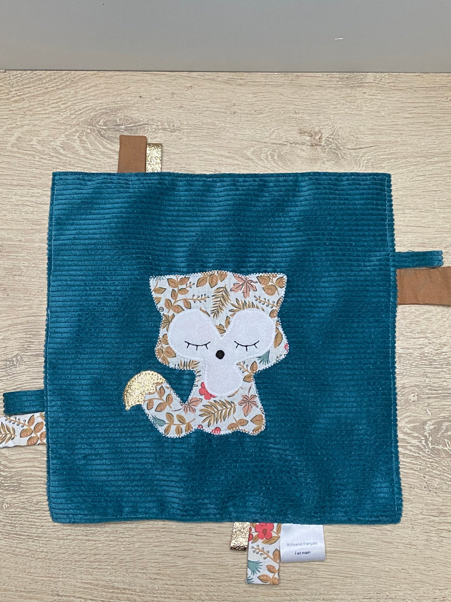 Doudou étiquettes - Collection Renard - Bleu/Rose/Taupe - Fabrication artisanale vue face