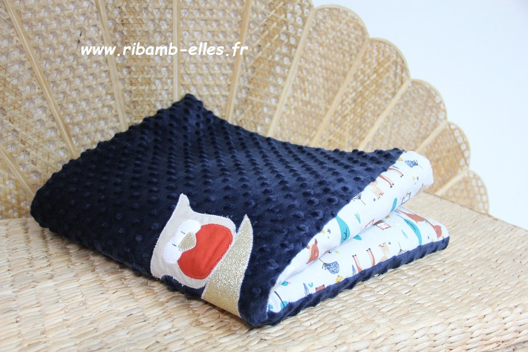 Plaid - Collection Hibou - Bleu nuit/Rouge