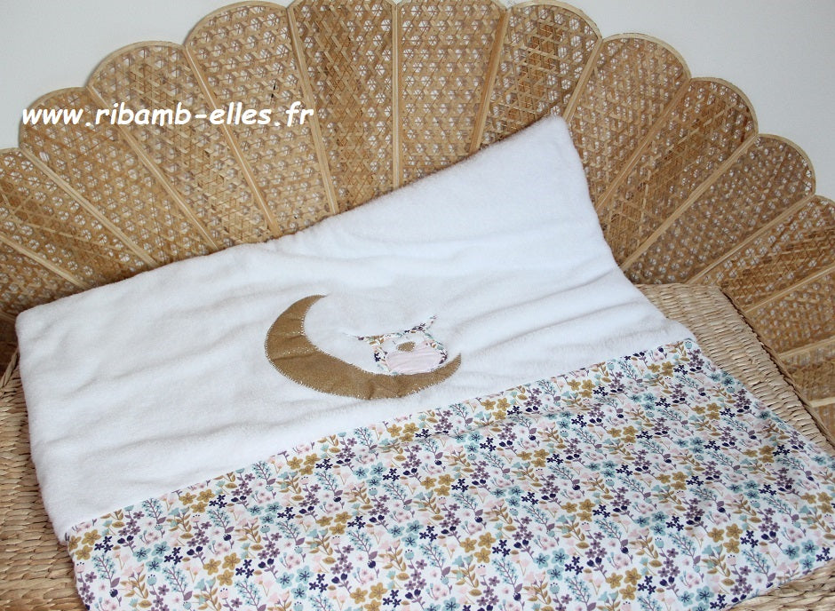 couverture bébé fait main hiboux sur lune pour poussette parme et liberty vue dépliée