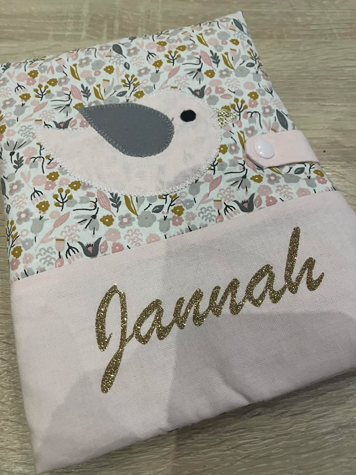 protège carnet de santé bébé fait main thème mer oiseau rose gris
