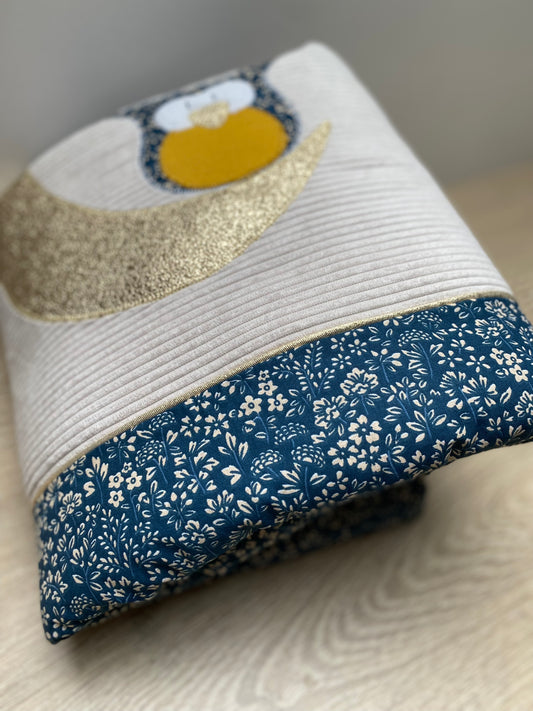 Plaid - Collection Hibou dans la lune - Bleu/Crème/Moutarde