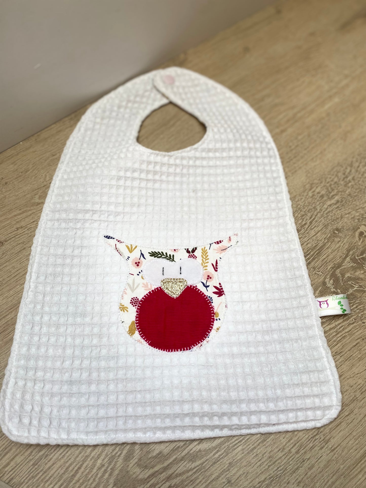 Bavoir - Collection Hibou - Rose/Blanc - Fabrication artisanale vue face