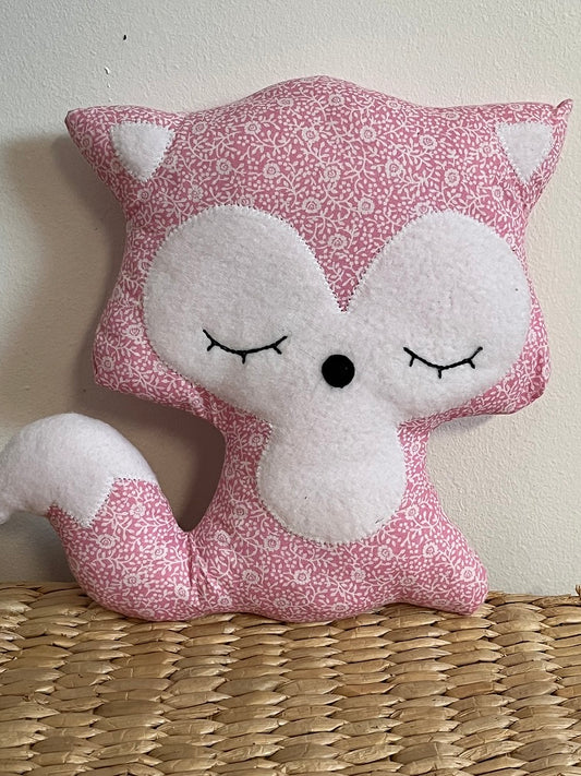 Doudou Renard moyen - Fleurs rose et blanc - Fabrication artisanale vue face