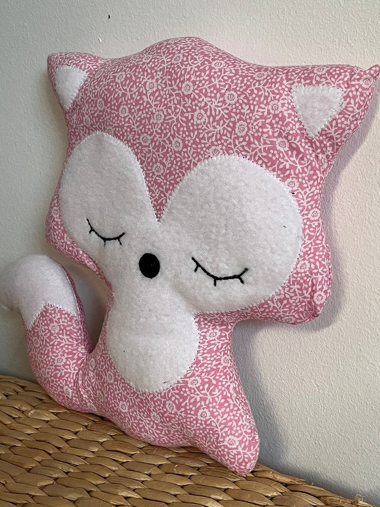 Doudou Renard moyen - Fleurs rose et blanc - Fabrication artisanale vue profil