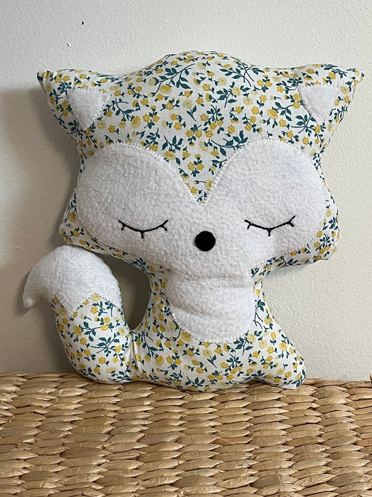 Doudou Renard moyen - Liberty jaune et bleu - Fabrication artisanale vue face