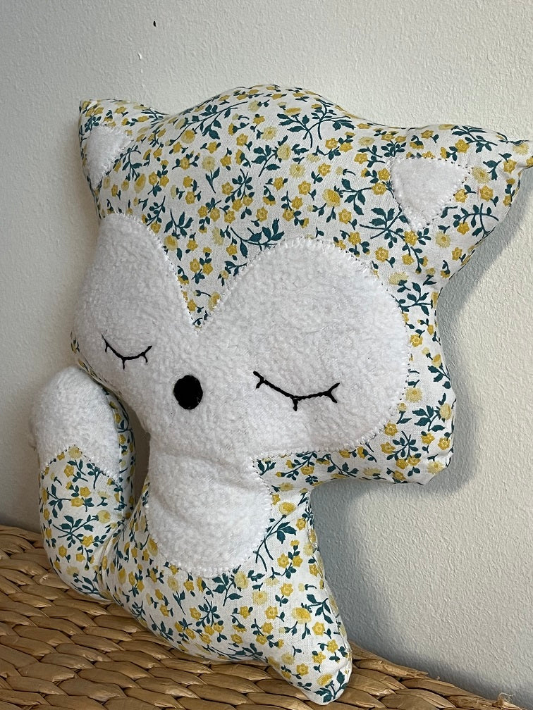 Doudou Renard moyen - Liberty jaune et bleu - Fabrication artisanale vue profil