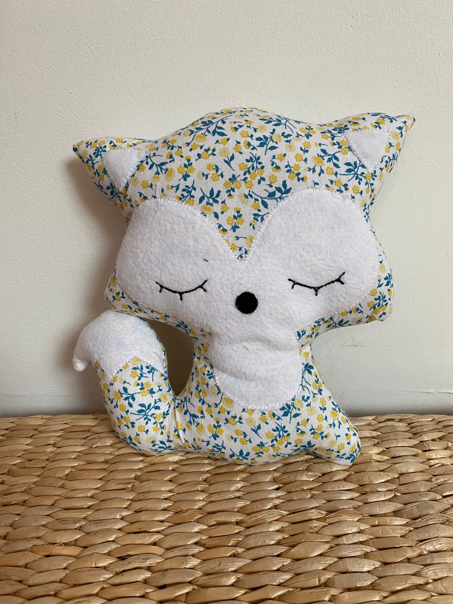 Doudou Renard moyen - Liberty jaune et bleu - Fabrication artisanale