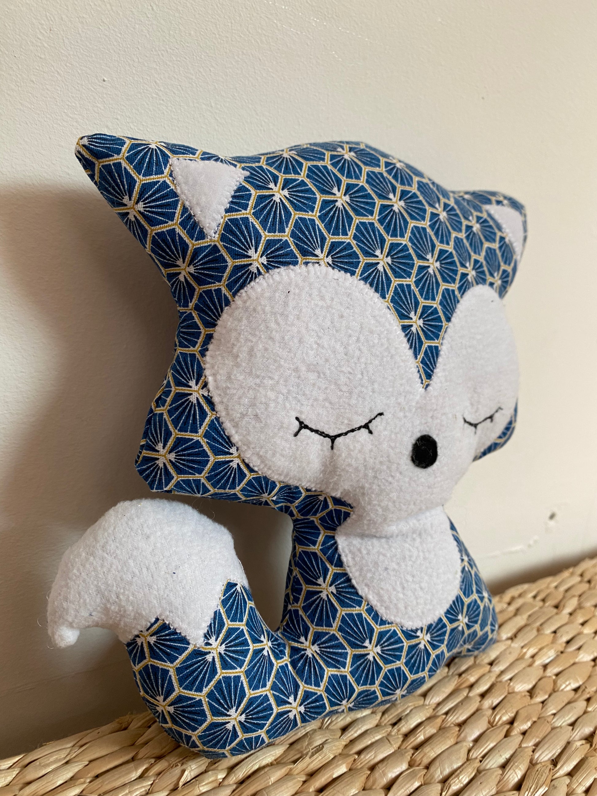 Doudou Renard moyen - Bleu origami - Fabrication artisanale