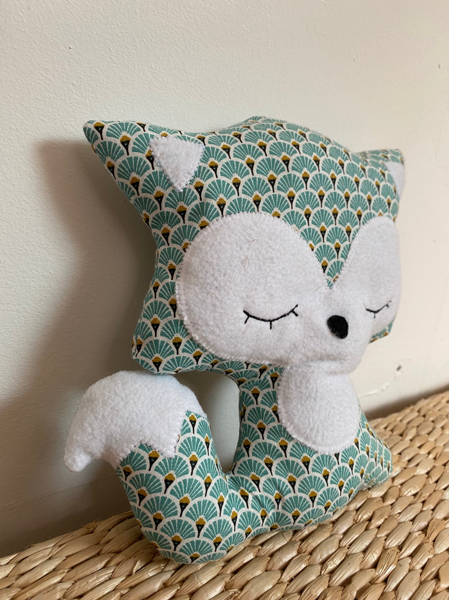 Doudou Renard moyen - Eventails vert turquoise - Fabrication artisanale