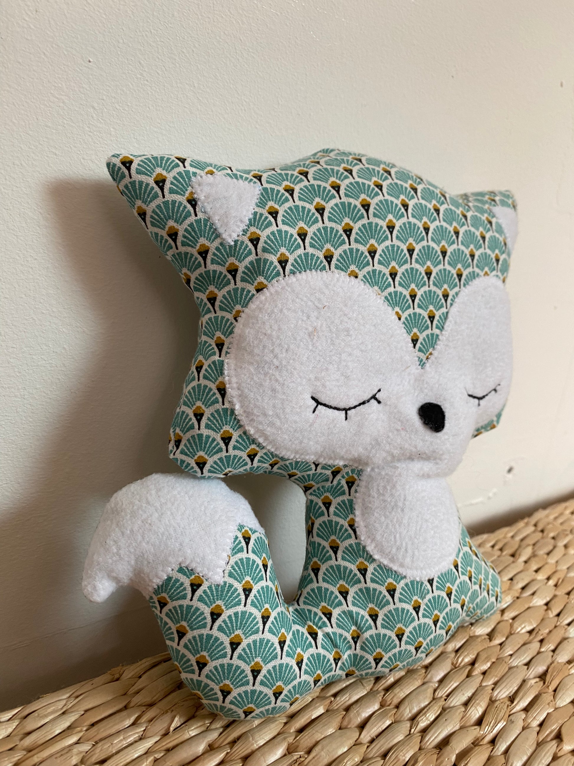 Doudou Renard moyen - Eventails vert turquoise - Fabrication artisanale
