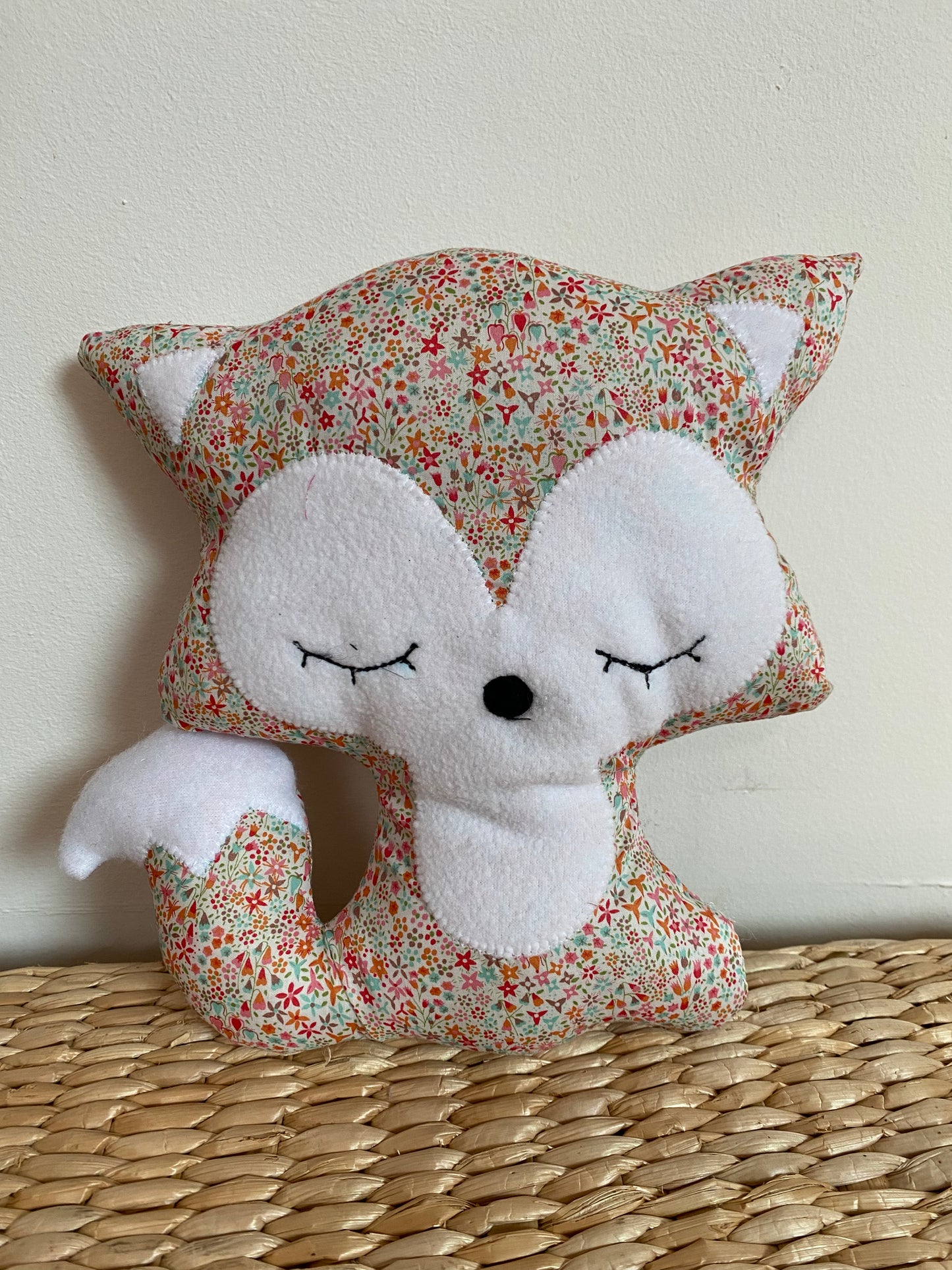 Doudou Renard moyen - Fleuri rose - Fabrication artisanale vue face