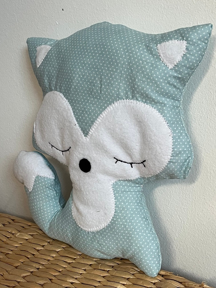 Doudou Renard moyen - Motif Bleu géométrique - Fabrication artisanale vue profil