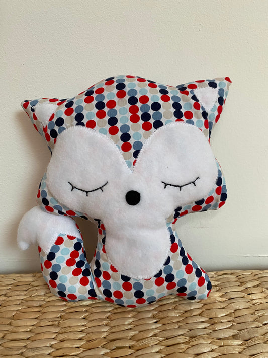 Doudou Renard moyen - Pois bleu et rouge - Fabrication artisanale