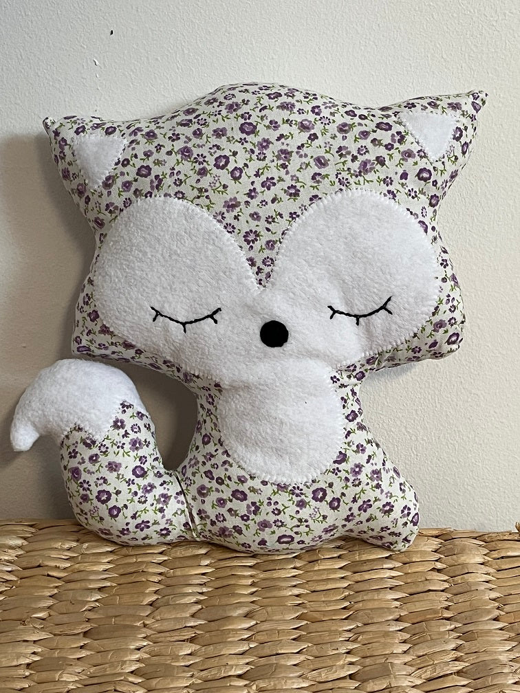 Doudou Renard moyen - liberty mauve - fabrication artisanale vue face