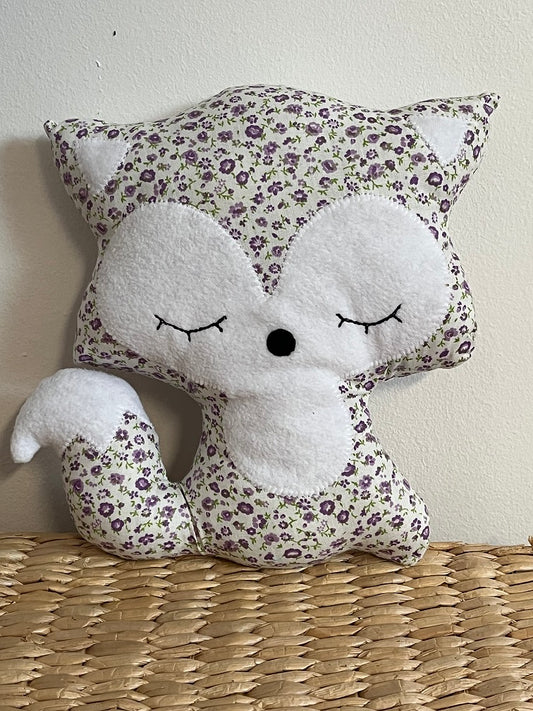 Doudou Renard moyen - liberty mauve - fabrication artisanale vue face