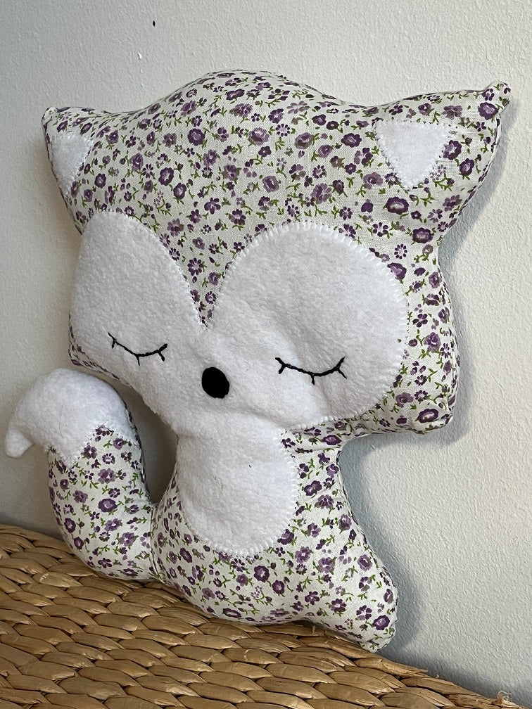 Doudou Renard moyen - liberty mauve - fabrication artisanale vue profil