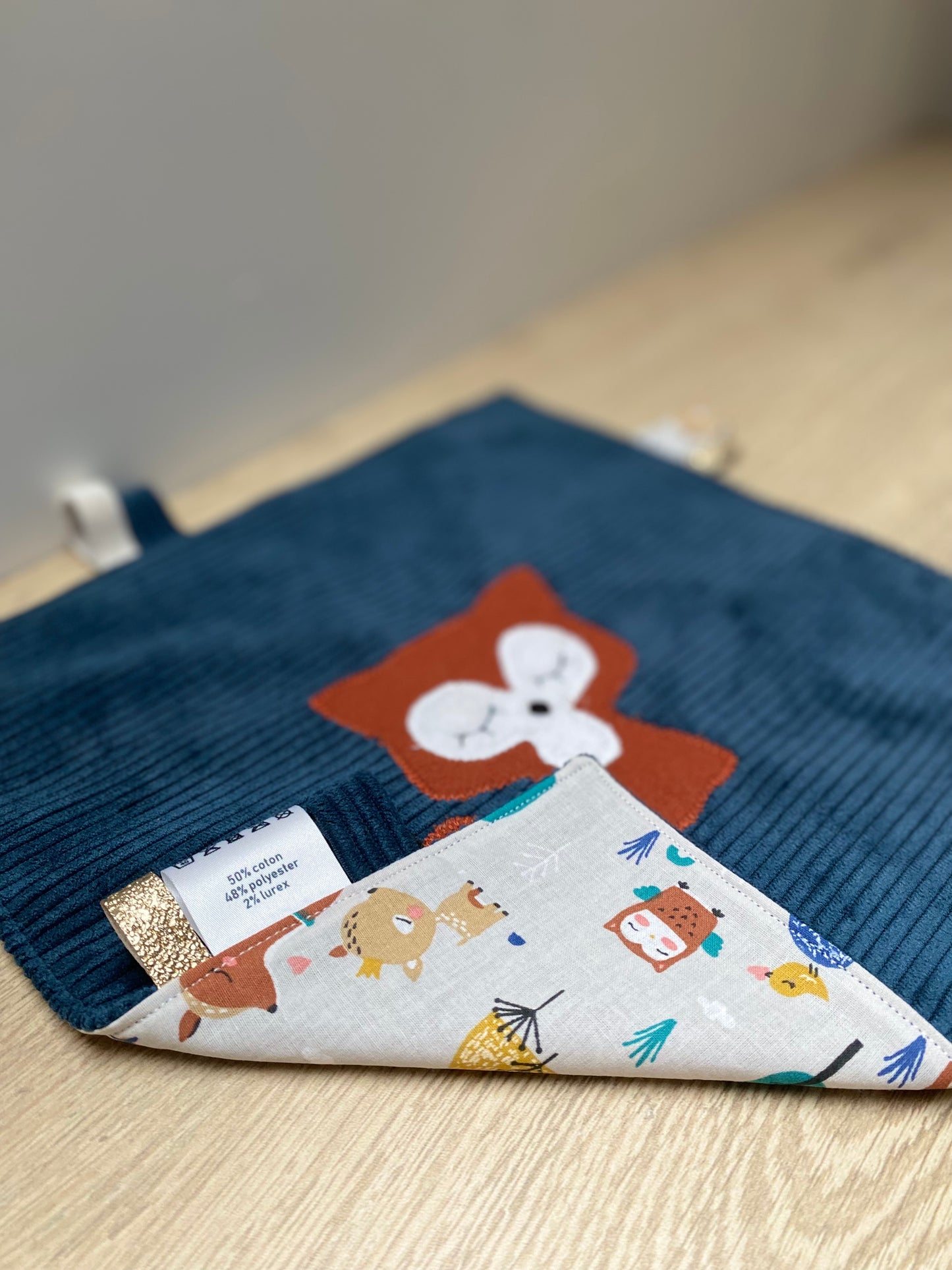 Doudou étiquettes - Collection Renard - Bleu/Brique - Fabrication artisanale