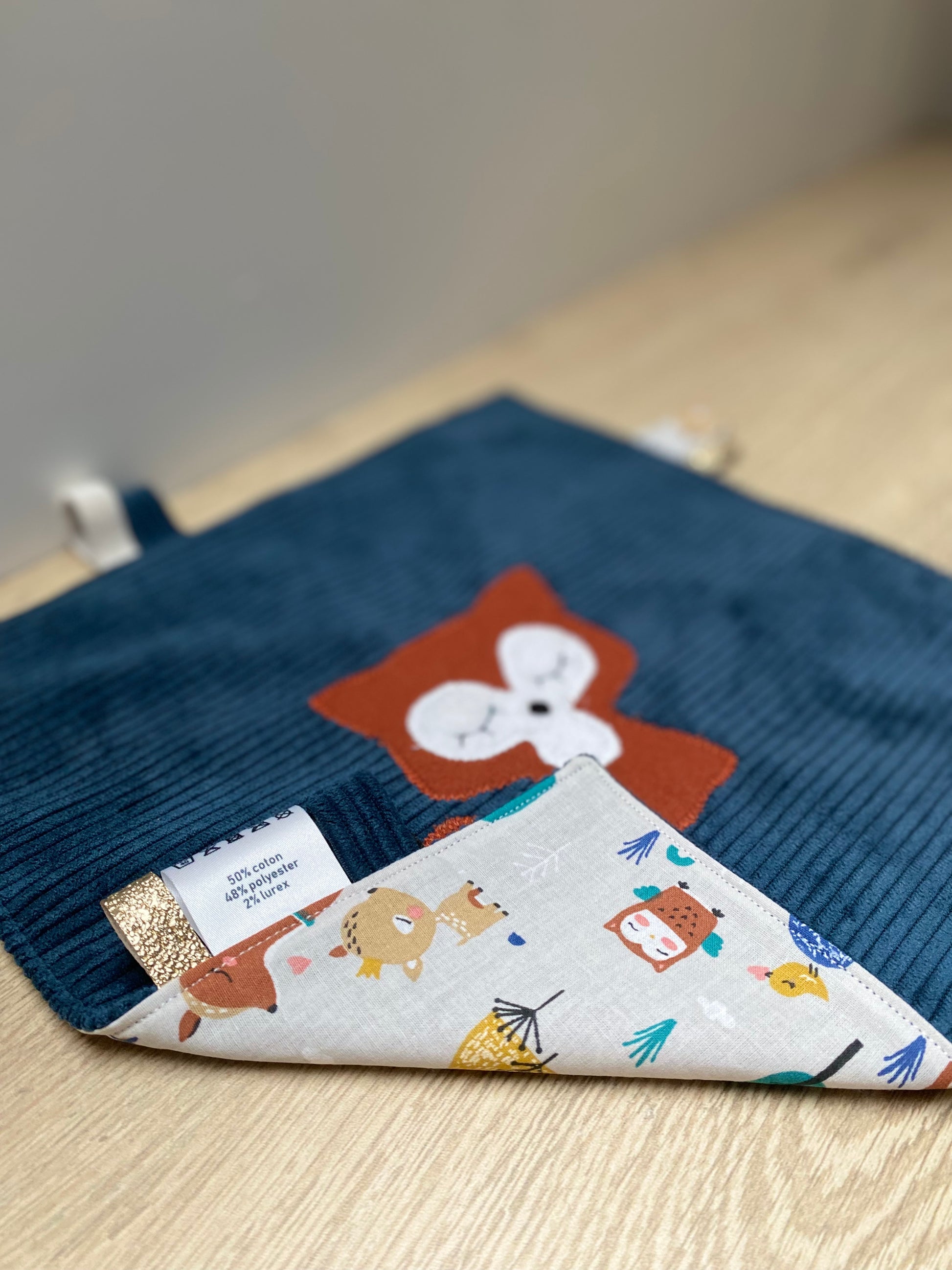 Doudou étiquettes - Collection Renard - Bleu/Brique - Fabrication artisanale