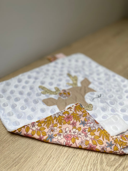 Doudou étiquettes - Collection Cerf - Blanc/Rose/Moutarde - Fabrication artisanale