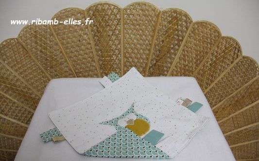 Doudou étiquettes - Collection Hibou - Turquoise/Blanc - Fabrication  artisanale