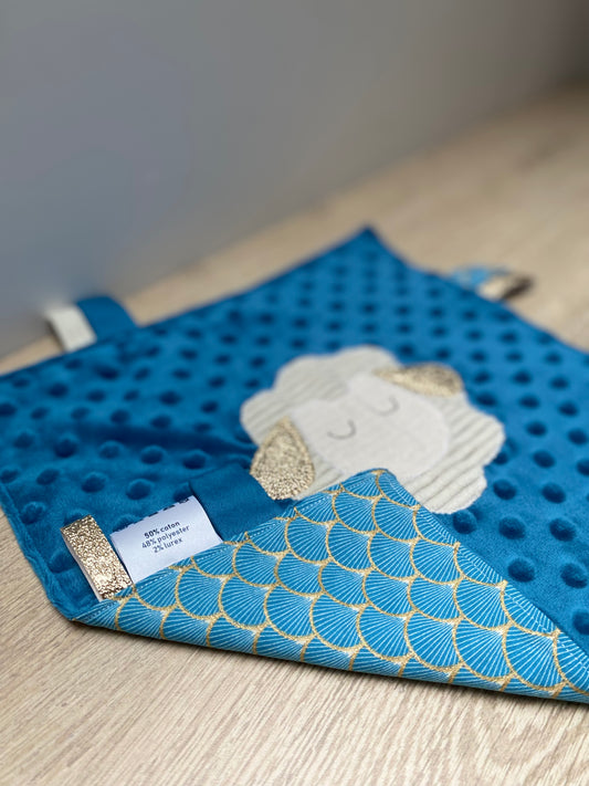 Doudou étiquettes - Collection Mouton - Bleu/Crème - Fabrication artisanale