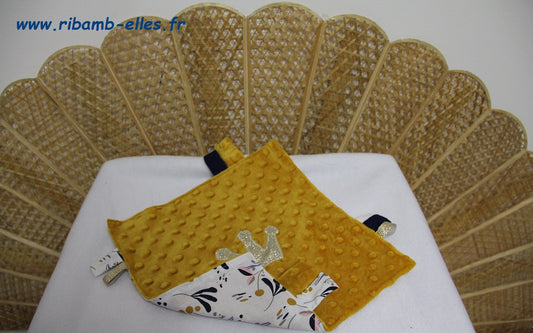 Doudou étiquettes - Collection Princes&Princesses - Moutarde/Bleu - Fabrication artisanale