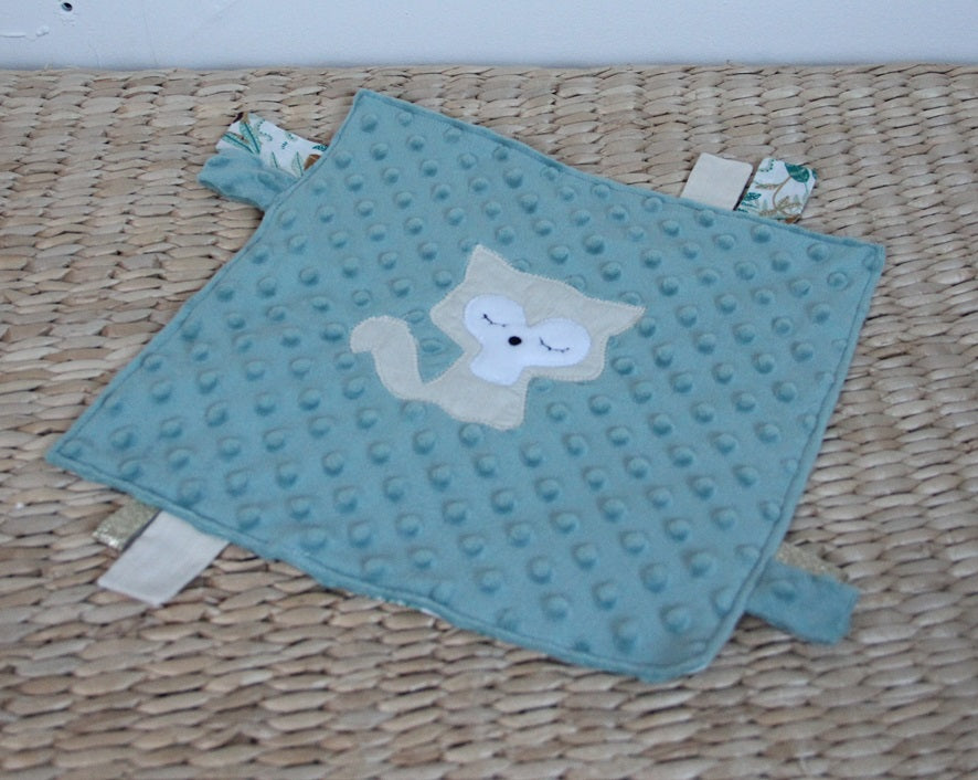 Doudou étiquettes - Collection Renard - Vert d'eau / Vert d'eau - Fabrication artisanale vue face