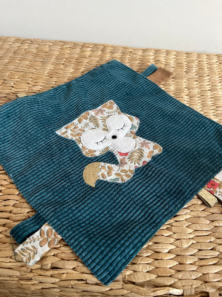 Doudou étiquettes - Collection Renard - Bleu/Rose/Taupe - Fabrication artisanale vue recto