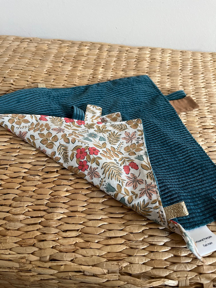 Doudou étiquettes - Collection Renard - Bleu/Rose/Taupe - Fabrication artisanale vue verso