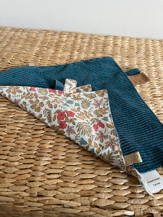 Doudou étiquettes - Collection Renard - Bleu/Rose/Taupe - Fabrication artisanale vue verso