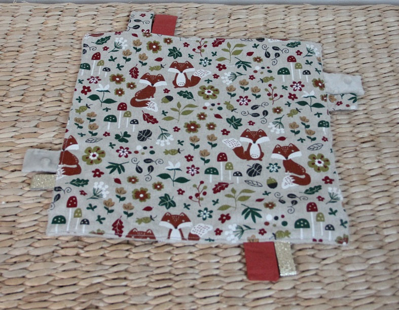 Doudou étiquettes - Collection Renard - Taupe / Rouille - Fabrication artisanale vue revers