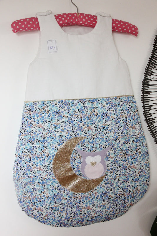 Gigoteuse 0-6M Mi saison - fait main – motif hibou - Bleu/parme | Fabrication française