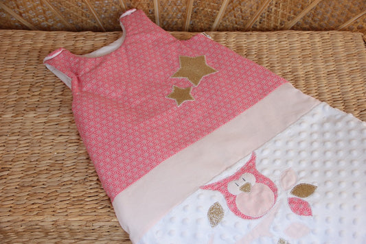 Gigoteuse 0-6M Mi saison - fait main – motif hiboux - rose/blanc | Fabrication française