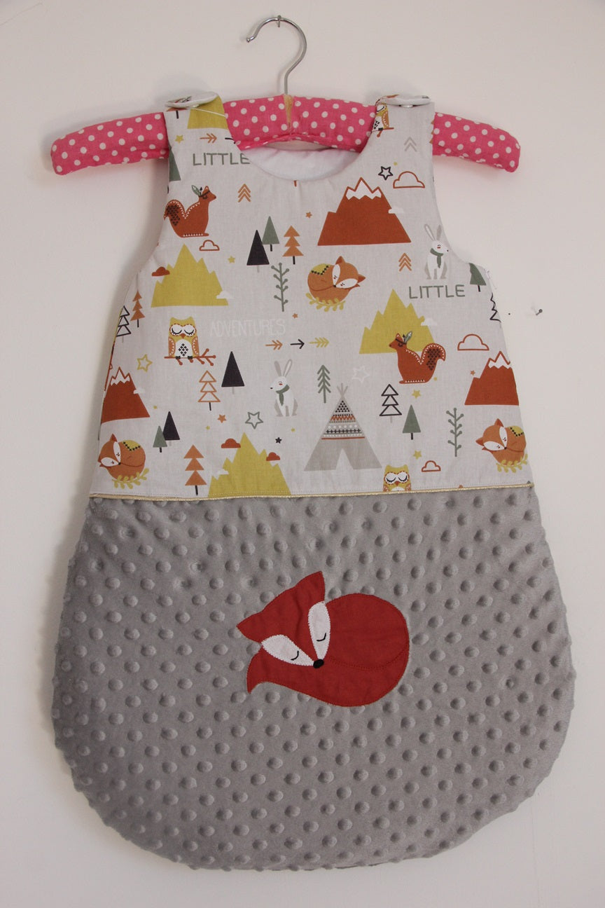 Gigoteuse 0-6M Mi saison - fait main – motif renard - gris/rouille| Fabrication française