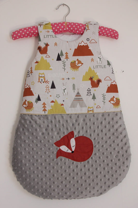 Gigoteuse 0-6M Mi saison - fait main – motif renard - gris/rouille| Fabrication française