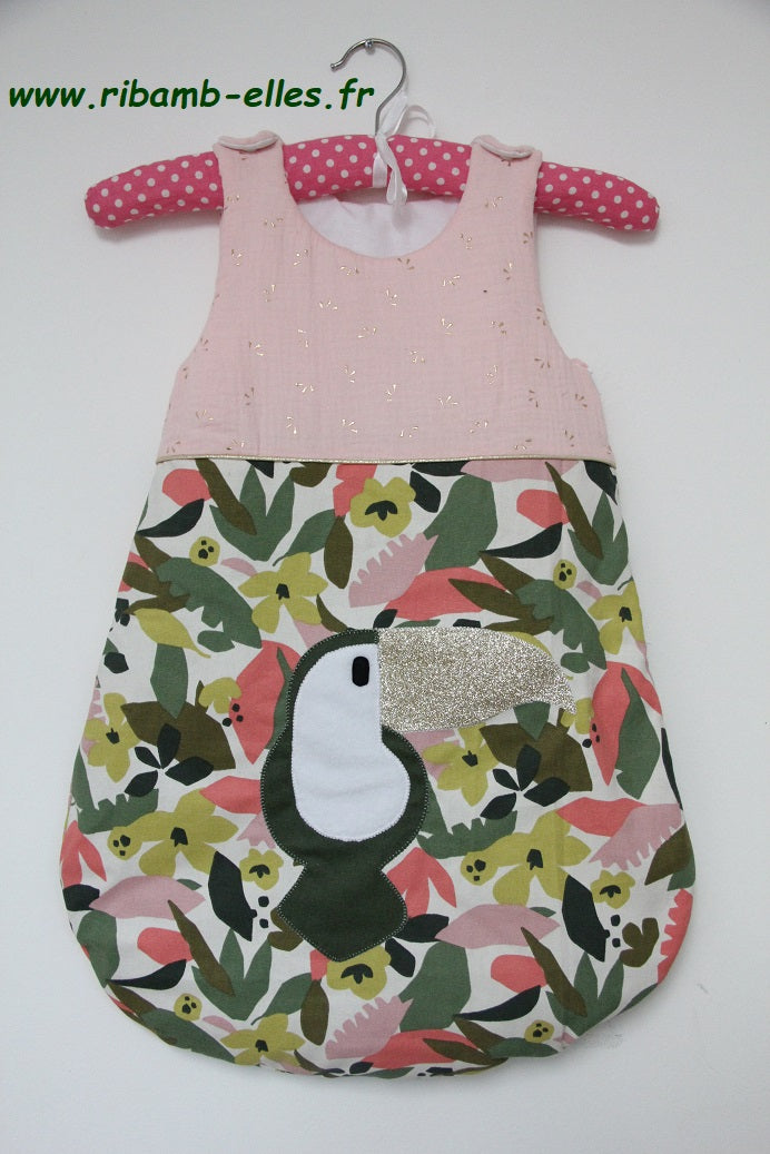 Gigoteuse 0-6M Mi saison - fait main – motif toucan - Rose/vert | Fabrication française - vue 2