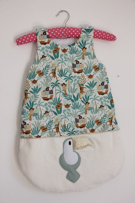 Gigoteuse 0-6M Mi saison - fait main – motif toucan - crème/vert d'eau | Fabrication française