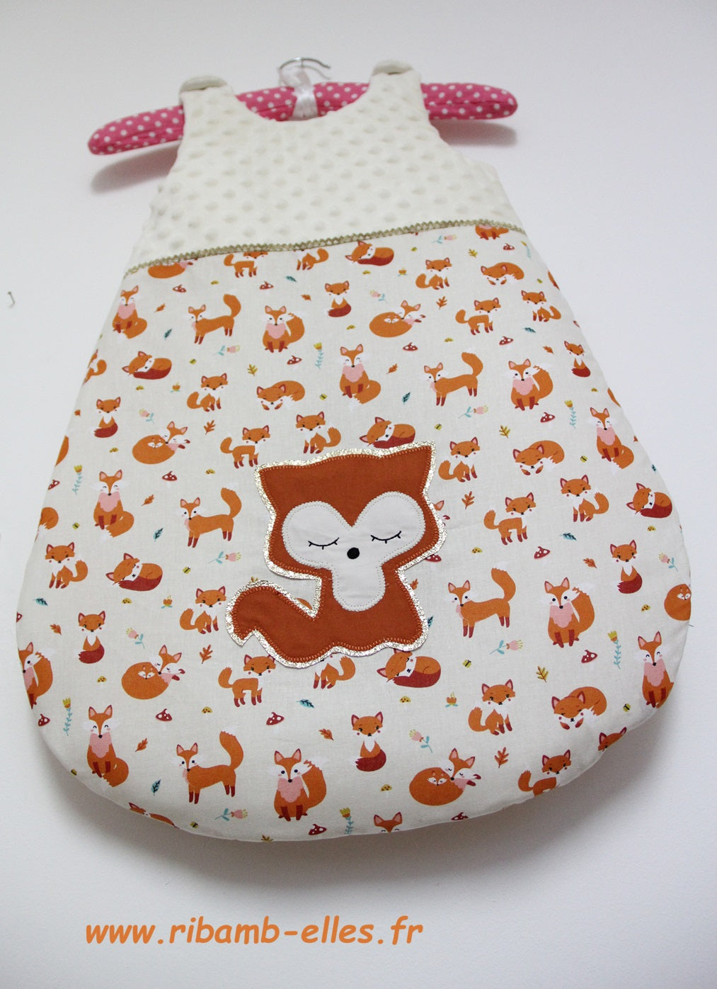 Gigoteuse 0-6M Mi saison - fait main – motif renard - orange/crème | Fabrication française vue détails