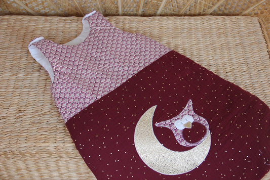 Gigoteuse 0-6M Mi saison - fait main – motif hiboux - prune/or | Fabrication française