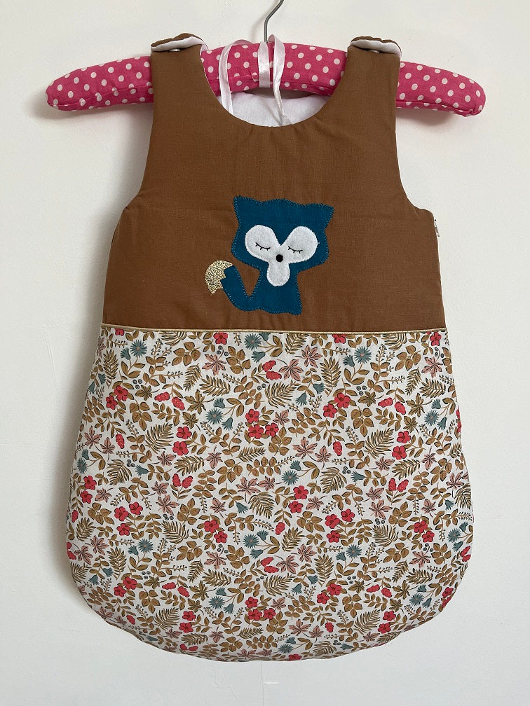 gigoteuse 0-6M bébé fait main thème renard tons noisette/bleu/corail
