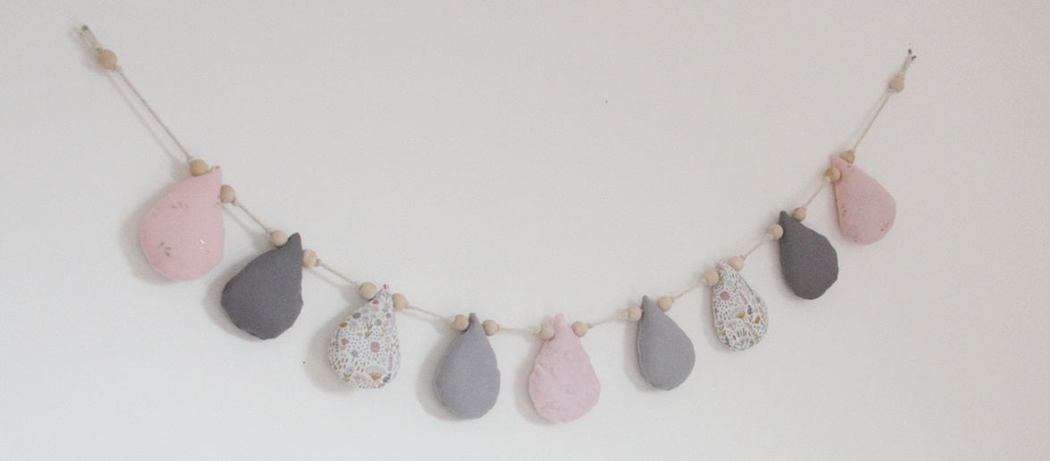 Guirlandes gouttes - Rose/Liberty/Gris - fabrication française vue face
