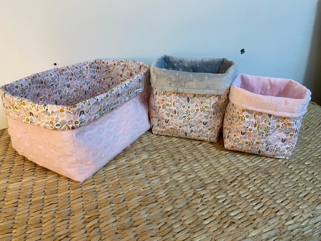 Trio de panières et couverture - Collection Oiseau - Rose/Gris (Réservé)