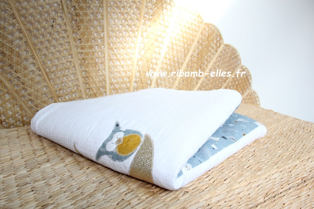 Plaid - Collection Hibou - Blanc/Bleu gris