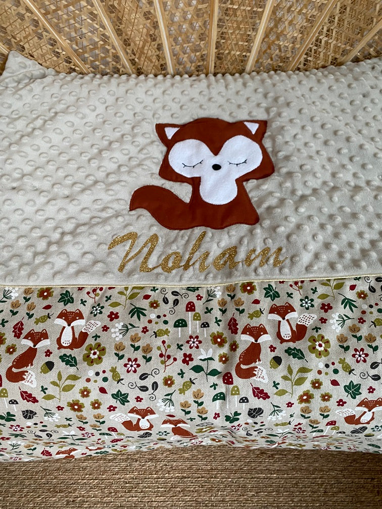 couverture bébé fait main thème renard tons taupe rouille