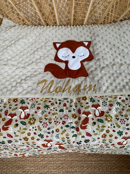 couverture bébé fait main thème renard tons taupe rouille