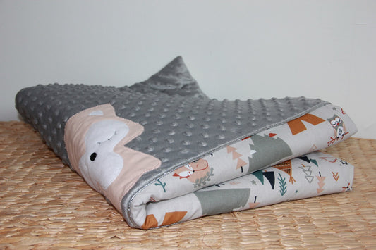 couverture bébé fait main pour poussette renard gris rose vue pliée