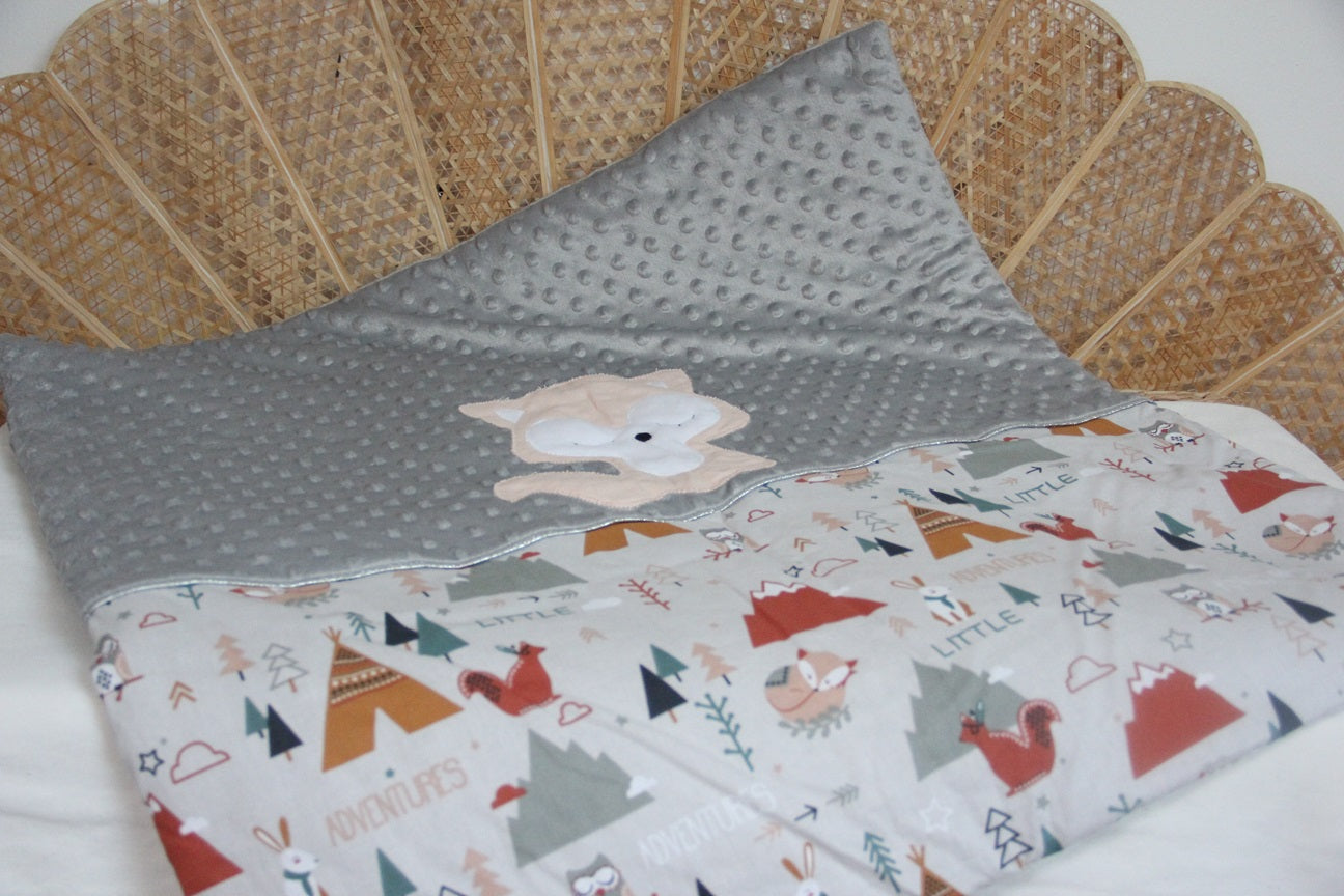 couverture bébé fait main pour poussette renard gris rose 