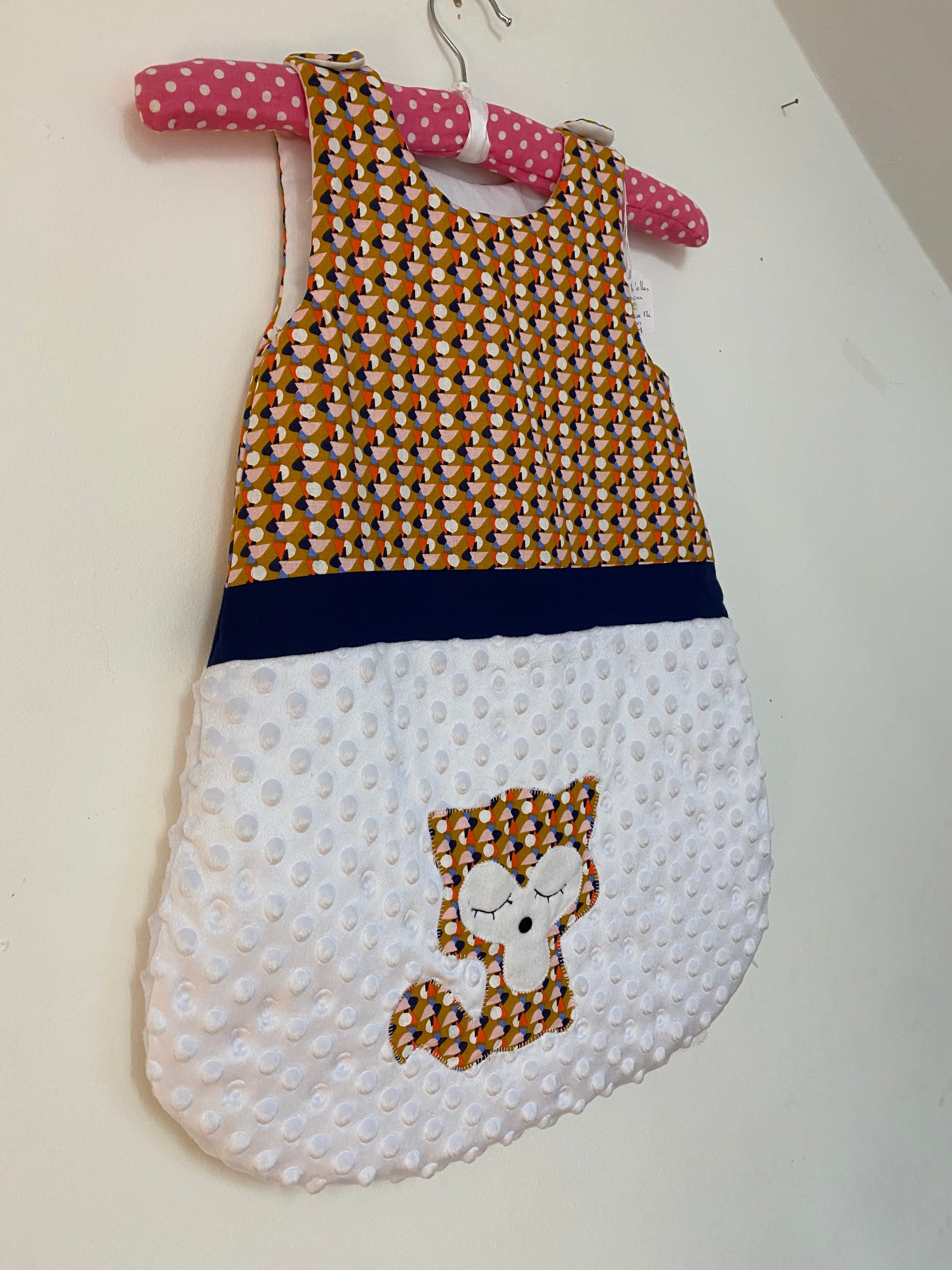 gigoteuse 0-6M bébé fait main thème renard tons moutarde et bleu vue2