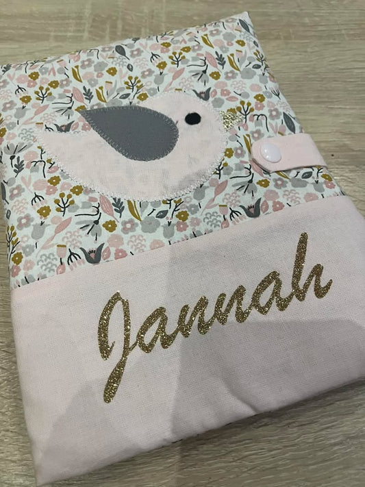 protège carnet de santé bébé fait main thème mer oiseau rose gris